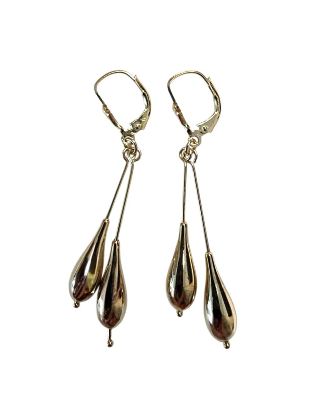 14K Yellow Gold Double Tear Drop Dangle Earrings #25457